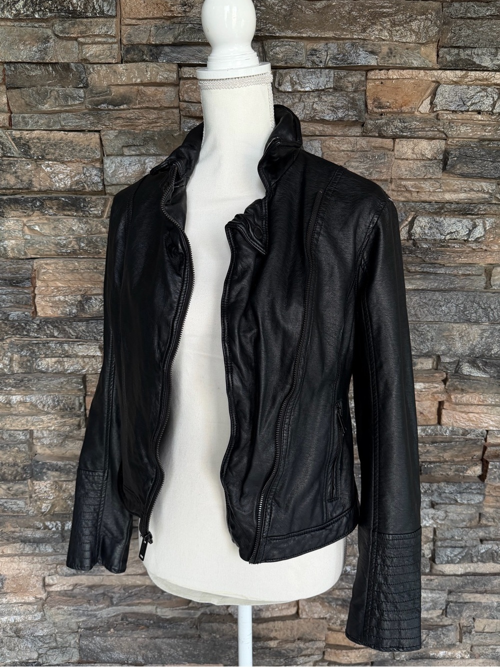 Hollister Black Faux Leather Ruffled Collar Jacket